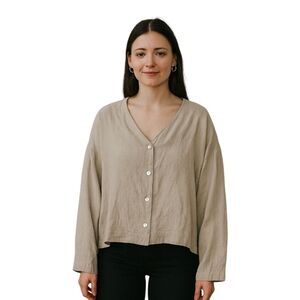Bryn Walker Linen Shirt Jacket Tan Lagenlook Long Sleeve Boxy